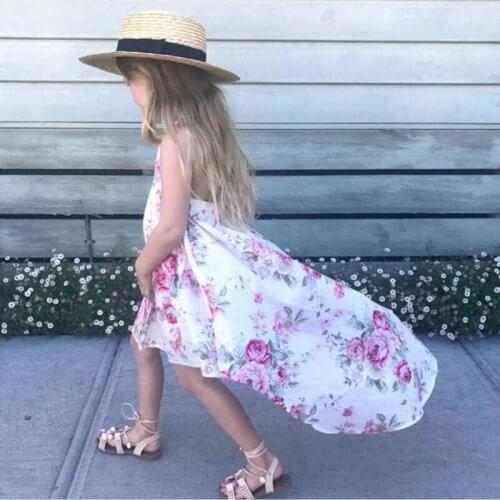 Summer Girls Dress Bohemian Style Flower Printing Backless Princess Dress For Baby Girl Sleeveless Dresses Cotton Kids Vestidos