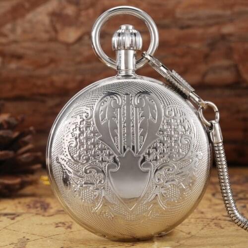 Shield Carve Design Silver Copper Cover Automatic Mechanical Pocket Watch Arabic Digital Dial Women Collectible Necklace Pendant