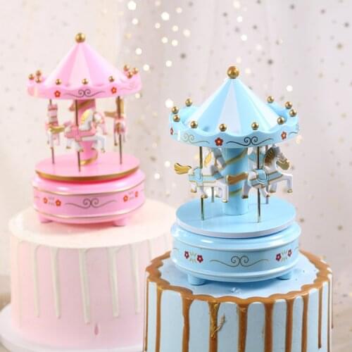 Hot sale carousel music box cake decoration ornaments birthday gifts childrens boutique toy wooden horse ornaments