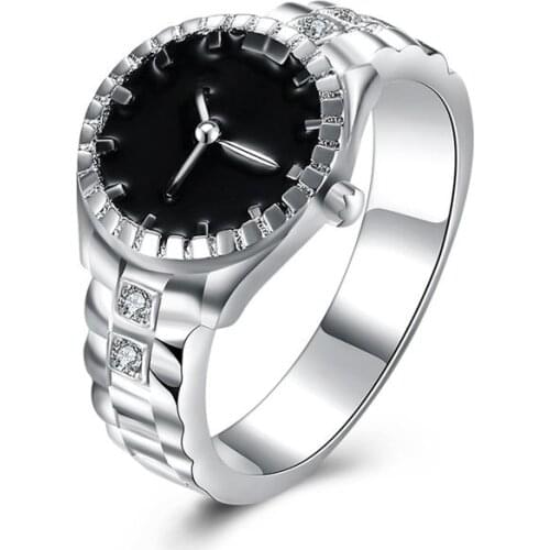 Creative Men Women Zircon Inlaid Watch Shape Ring Cute Silver Color Wedding Rings Hip Hop Kpop Party Couple Jewelry Accessories