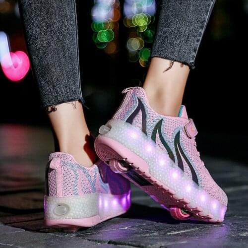 Size 28-40 Led Wheel Sneakers for Kids Adult USB Charging Glowing Roller Shoes with Lights Double Wheels Children Skate Shoes