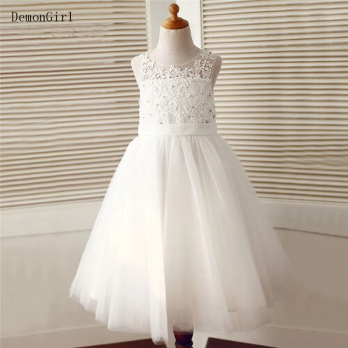 Lace Bodice A-Line Flower Girl Dress Sheer Neck Buttons Back Birthday Gown Kids Clothes for Ceremony