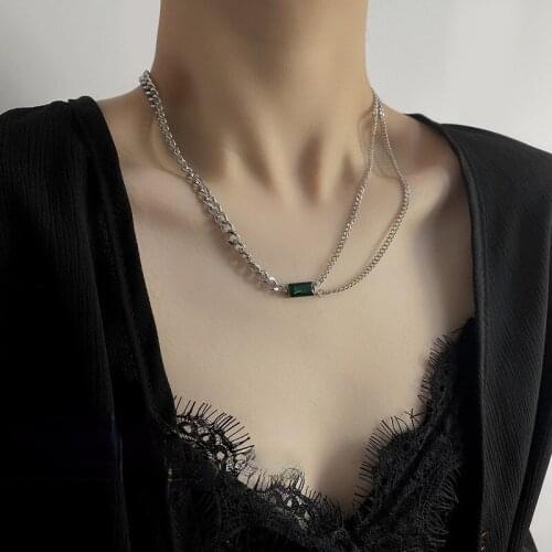 VSnow Minimalist Double Layer Square Green Crystal Chokers Necklace for Women Exquisite Metal Asymmetry Chain Necklace Jewelry