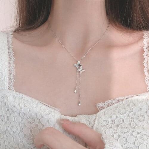 925 Sterling Silver Tassel Crystal Butterfly Charm Pendent Necklace For Women Choker Jewelry Prevent allergy dz281