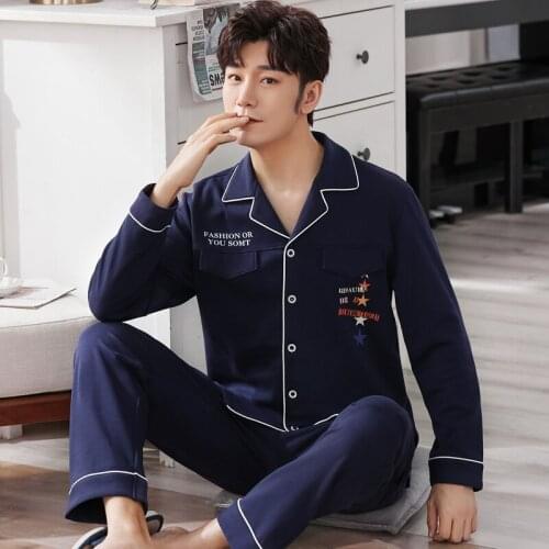 100% Cotton Long Sleeve Pajama Sets for Men 2021 Autumn High Quality Sleepwear Suit Pyjama Male Loungewear Homewear Home Clothes