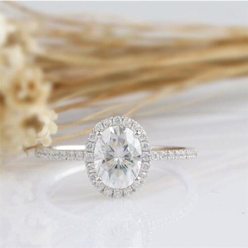 RandH 1.5CARAT Oval Cut DEF Color VVS Moissanite Halo Rings For Women 18K Solid White Gold Engagement Anniverasary Womens Rings