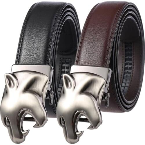 Genuine Leather Belt Men Quality Business Style Belt with Leopard Head Automatic Buckle Cowhide Luxury Mens Belts 110-130cm