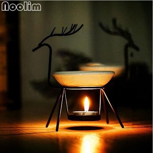 NOOLIM Christmas Creative Happy Deer Iron Oil Burner Ceramic Aroma Burner for Home dinner Decoration Aromatherapy