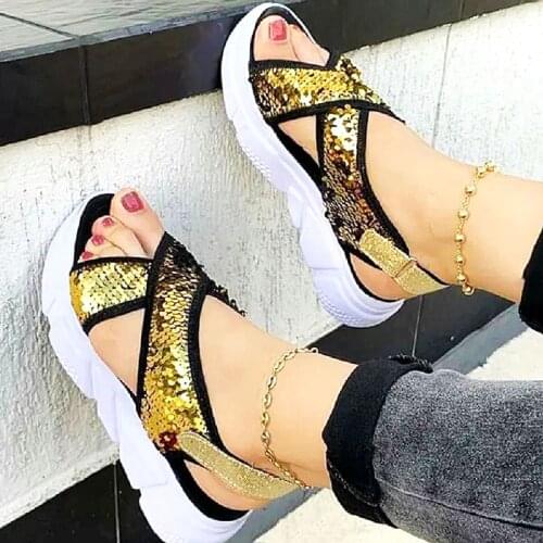 Women Summer Sporty Cross Strap Casual Flat Shoes Glittery Sequin embellished Sandals