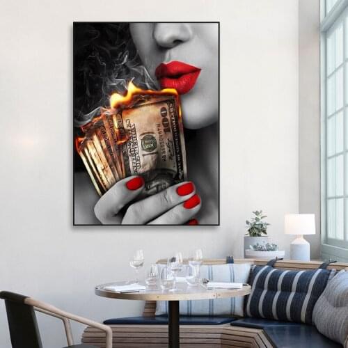 Modern Abstract Canvas Painting Art Fashion Girl Burning Money Poster And Print Wall Art Picture Living Room Bedroom Decor
