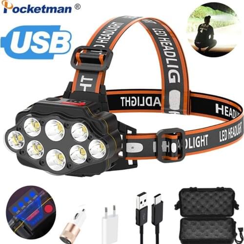 Super Bright Octa-core LED Headlight USB Rechargeable Headlamp Waterproof Head Lamp Ultra Powerful Head Light Head Torch