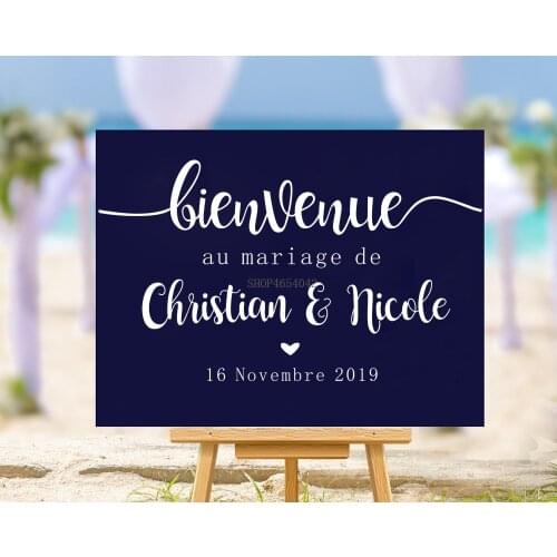 French Writing Wedding Board Vinyl Decal Custom Names Wall Sticker Wedding Welcome Sign Vinyl Mural Romantic Mariage Decor C251