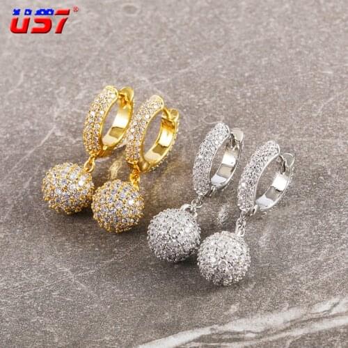 US7 Round Ball Dangle Drop Earrings Micro Paved AAA+ Cubic Zirconia Stones Male Female Jewelry Gold Silver Color 2021 Jewelry