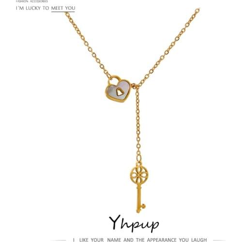 Yhpup Sweet Key Lock 316L steel stainless Lovers Gift Pendant Necklace Natural Shell Brand Gift for Women Party Jewelry 2021