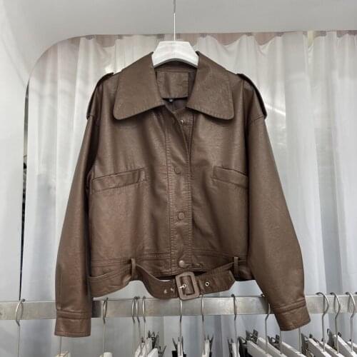 Autumn Women Coffee Color Black Short Faux Leather Jacket Single-breasted Lapel Long Sleeve Biker Jacket Casual Casacos Feminino