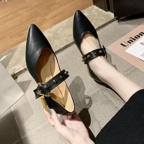 2021 Fashion Spring New Style Women Mary Janes Shoes Pointed Toe Low Heels Dress Shoes Rivets Pumps Office Shoes Zapatos Mujer