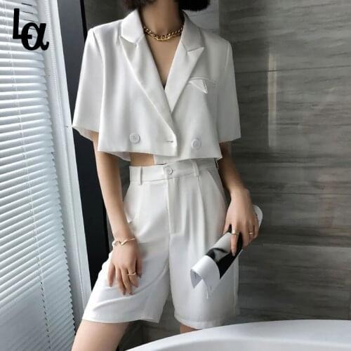 Luck A 2021 Women Summer Elegant Loose White Blazer Female Double Breasted Short Blazers+High Waist Shorts Street Sets Fashion