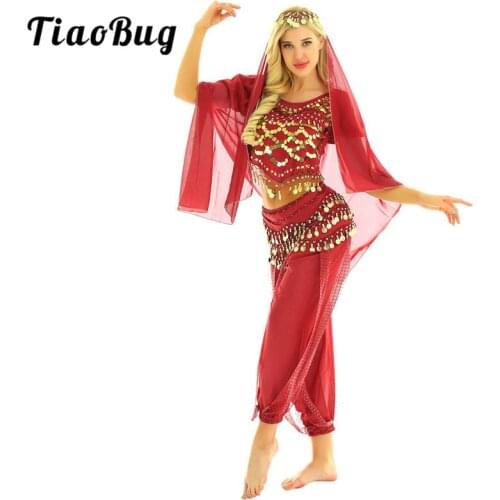 TiaoBug Women Halloween Carnival Stage Performance Egypt Belly Dance Costume Bollywood Indian Dancing Dress Chiffon Sari Set