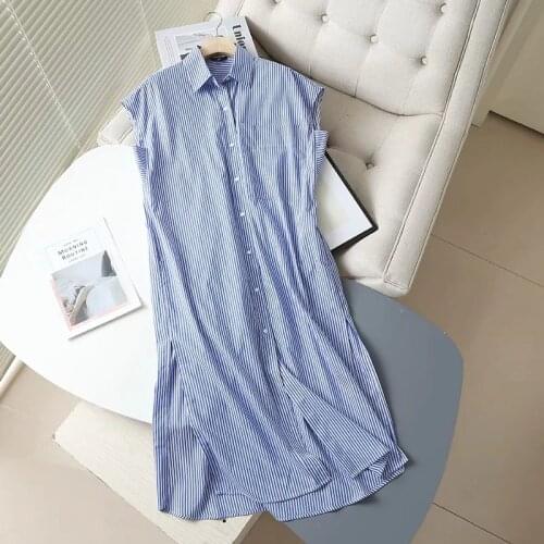 Dave&Di 2021 Summer England Style Fashion Vinatge Blue Striped Loose Casual Party Dress Women Plus Size Vestidos