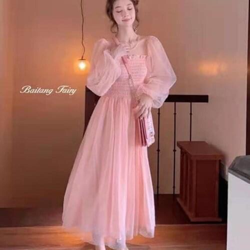 Female Kawaii 2021 Summer Chic One Piece Dress Korean Square Collar Elegant Vintage Lace Dress Women Beach Party Fairy Dresses