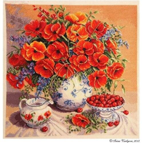 Needlework DMC cross stitch,kit For Embroidery set,poppy and cherry flower pattern Counted Cross-Stitch painting home wall decor