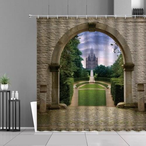 Europe Ancient Stone Door Architectural Design Shower Curtains European Garden Landscape Bathroom Curtain Waterproof Bath Screen