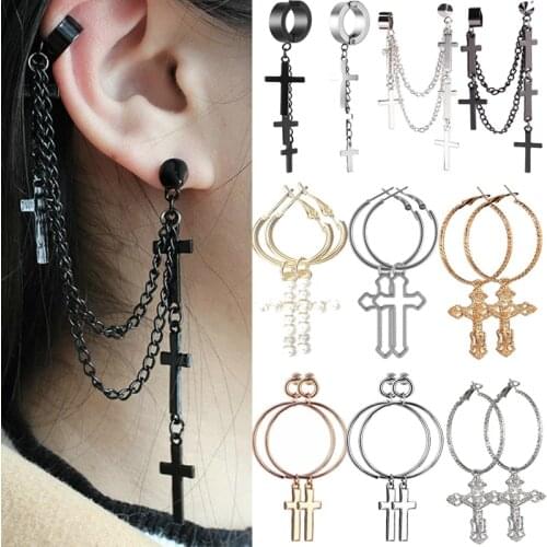 Gothic Vintage Cross Earring Long Metal Christian Chain Zipper Drop Earrings for Men Women Street Hip Hop Jewelry Party Gift