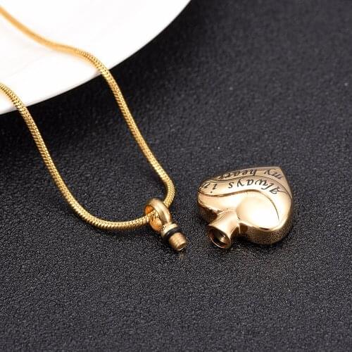 IJD10058 Stainless Steel Always in My Heart Cremation Memorial Gold Pendant for Ashes Urn Keepsake Souvenir Necklace