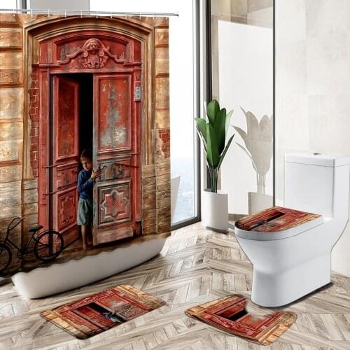 Retro Old Stone Brick Wall Door Shower Curtain Set 3D European Building Scenery Bathroom Non-Slip Rug Toilet Lid Cover Bath Mat