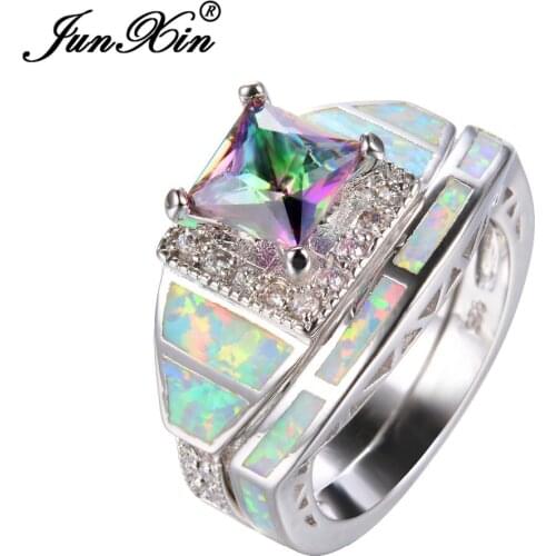JUNXIN Rainbow/Blue/Pink/Purple Square Zircon Ring Set White Fire Opal Geometric Rings For Women Fashion Engagement Jewelry