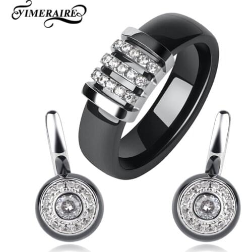 6 mm Wide Personality Design Ceramic Rings & Fashion Black White Earrings For Women Engagement Jewelry Sets With Crystals Gifts