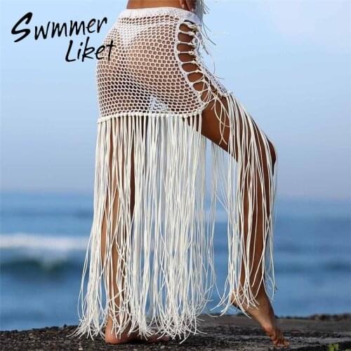 New style women sexy bikini Cover Up Crochet long beach dress Tassel Beachwear Outfit High waist beach cover Hollow out Skirt