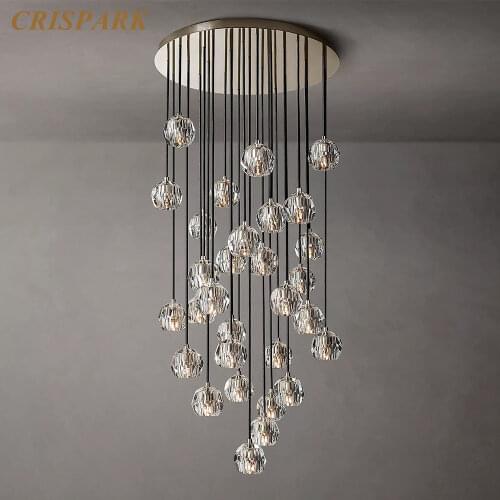 Boule De Clear Cristal Round Cluster Modern Ceiling Chandelier LED Vintage Cut Crystal Pendant Hanging Light Fixture for Stairs