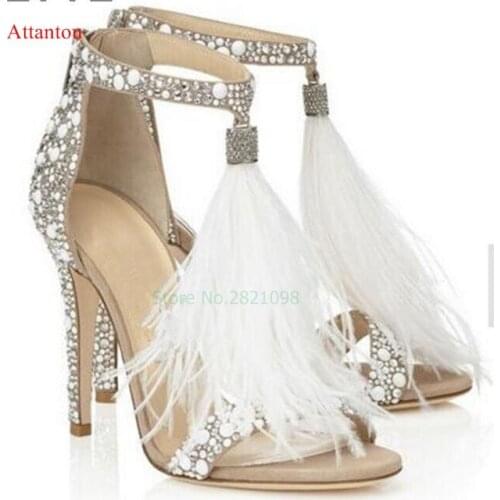 Luxury Women Shoes White Leather Crystal Embellished Sandals Rhinestone Sandals Thin Heel T Strap Feather Tassel High Heels