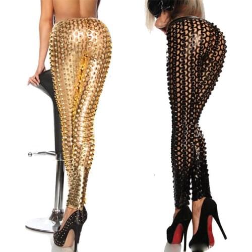 Sexy Womens Gold Metallic Cut Out 3D Leggings Hot Pants Trousers Disco Pole Dance Night Club Costume Size M-L