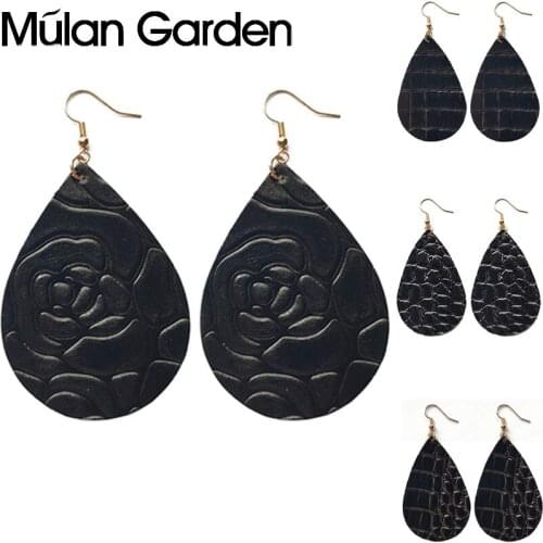 M&G Printing Flower Genuine Leather Earrings for Women Black Snake Style Water Drop Earrings Fashion Jewelry Hot Sale Girl Gift