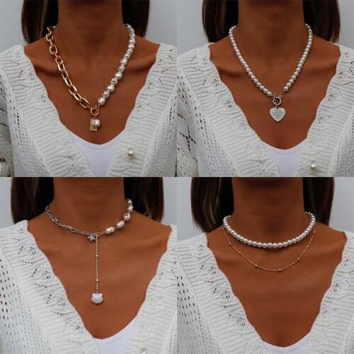 Vintage Baroque Irregular Pearl Lock Chains Necklace Female Geometric Shell Pendant Love Necklaces for Women Punk Jewelry