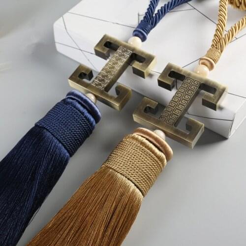 2Pcs/Pair Copper Plating Curtain Tiebacks Long Tassel Brush Straps Hanging Ball Bind Ropes Belt Curtain Accessory Tie Tape Back