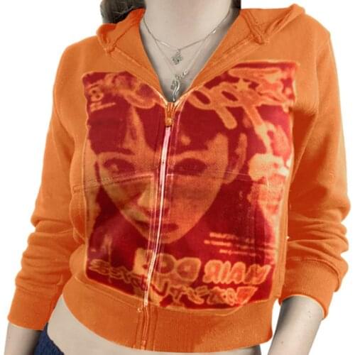 Y2K Women Zip Up Hoodie Casual Long Sleeve Portrait Print Loose Sweatshirt Gothic Hoodies E girl Crop Tops Zipper Coat Harajuku