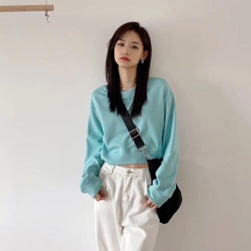 Women 2021 Spring Autumn New Fashion Loose Casual Sweatshirt Female Solid Color Thin Hoodies Ladies O-neck Short Hoodi W156