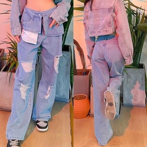 Female Ripped Jeans, High Waist Hollow Out Trousers Long Pants for Spring Summer Fall, Blue, S/M/L
