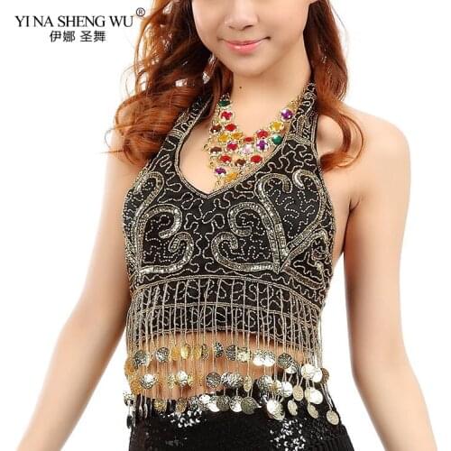 New Women Belly Dance Top Clothes Sleeveless Halter Costume Accessories Paillettes Sequins Fringes Top Bra Free Size Bellydance