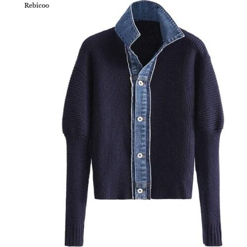 Autumn Women New Loose Single Breasted Versatile Long Sleeve Patchwork Denim Top Knitted Cardigan Sweater