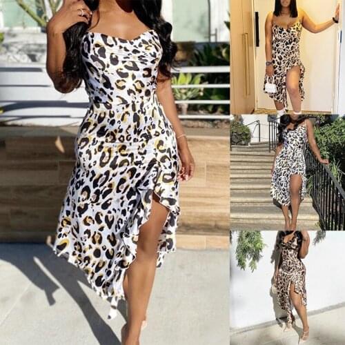 Womens Fashion Leopard Print Ruffled Irregular Sling Dress