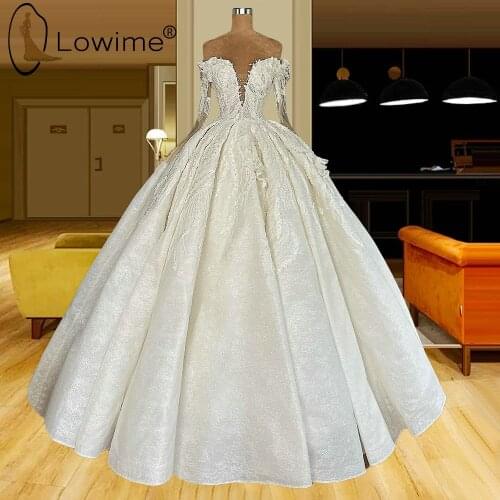 Lowime Off Shoulder Ball Gown Lace Wedding Dresses 2021 Princess Ruched Long Sleeves Pearl Crystal Bridal Gowns Vestido De Novia
