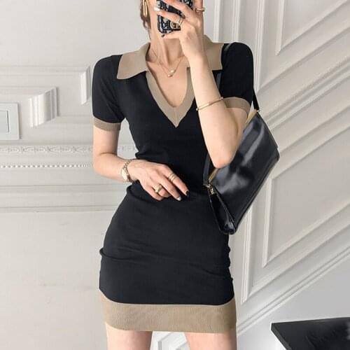Korean Chic Temperament Elegant Lapel Contrast Color Edging Design Slim Slimming Short-Sleeved Hip Knitted Dress Women