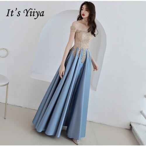 Its YiiYa Evening Dress Gold Lace Embroidery Sky Blue Fashion Party Gowns Boat Neck Floor length Long Formal Dresses E052