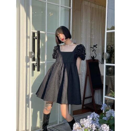 Summer High 2021SS Quaity Fashion Women Pearl Mesh Puff Sleeve Jacquard Black Dress For Ladies Ddxgz2 7.16