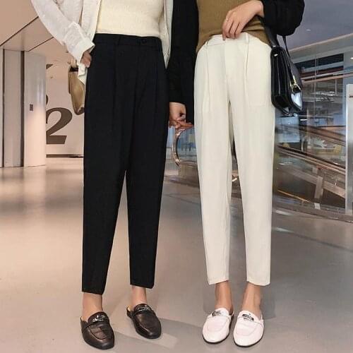 2021 Women Spring Summer Vintage Suit Pants Female Button High Waist Straight Harem Trousers Ladies Casual Solid Harem Pant D628