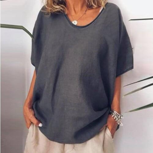 25# Plus Size Loose Blouse Women Casual All-match Summer Solid O-neck Short Sleeves Shirt Classic Leisure Blouse Рубашка Женская
